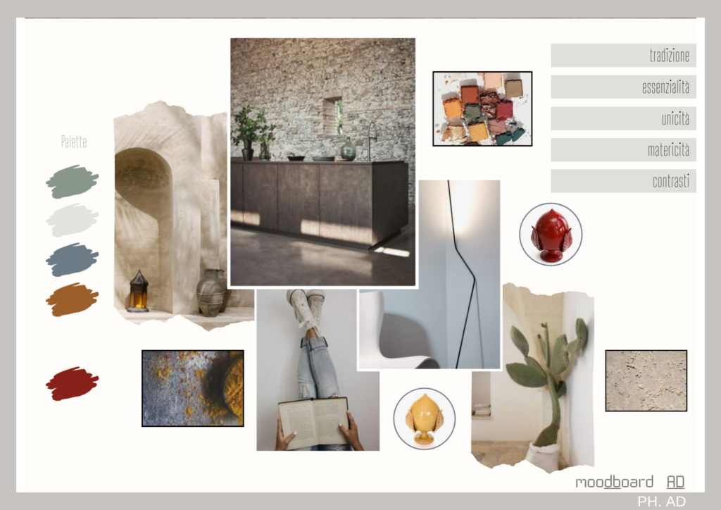 Moodboard d'ispirazione con palette colore, immagini ispirazionali, materiali